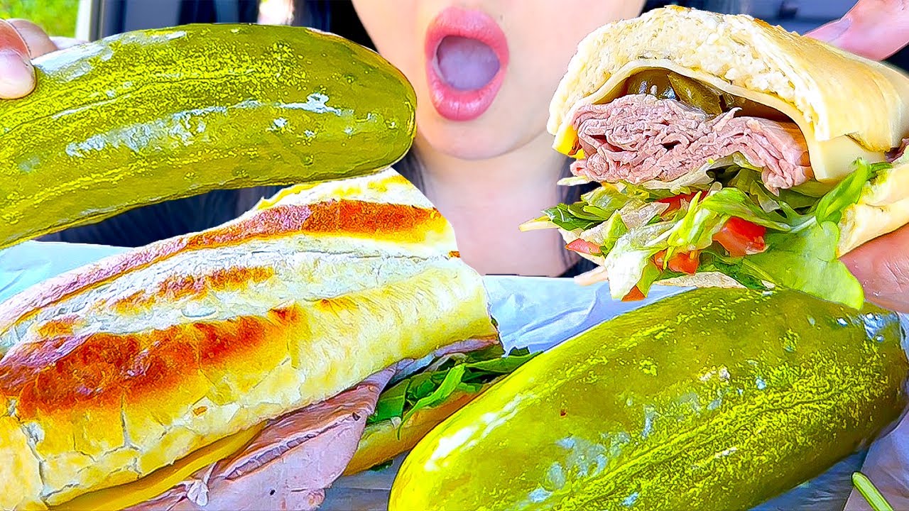 ASMR GIANT PICKLE with Roast Beef Sandwich (Eating Sounds) ASMR Phan