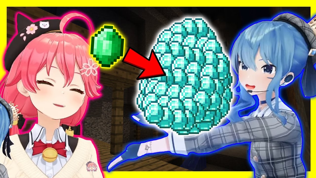Miko & Suisei: Suisei Still Believes 1 Emerald = 100 Diamonds - Minecraft Gen 0 【ENG Sub】 【Hololive】