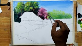 acrylic landscape painting lesson for beginners,beautiful river side scenery painting with acrylic,