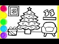 How to draw a christmas tree house bedroom and clothes  drawing tutorial art