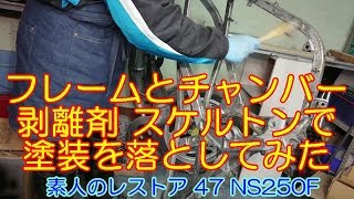 フレームとチャンバーを剥離剤 スケルトンで塗装を落としてみた 素人のレストア 47 NS250F
