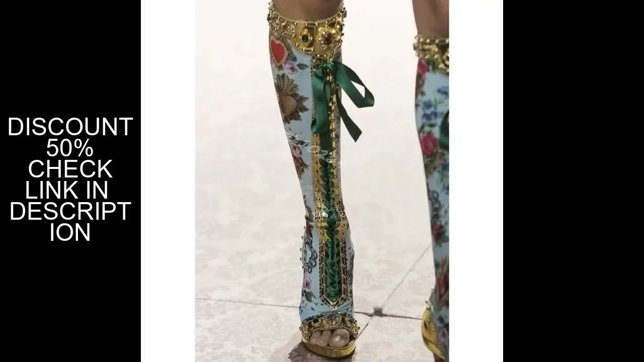 Crystal Decor Floral Print Royal Style Strappy Boots Slip On Women Shoes Chunky High Heels Party Run