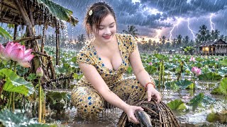 DANGEROUS Fishing in the Rain During Flood Season with Terrifying Thunder and Lightning | Girl Hu...