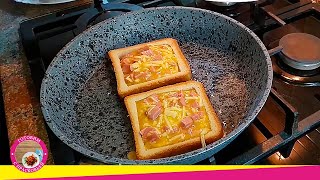 Hot sandwiches recipe in a frying pan pan. Delicious quick breakfast