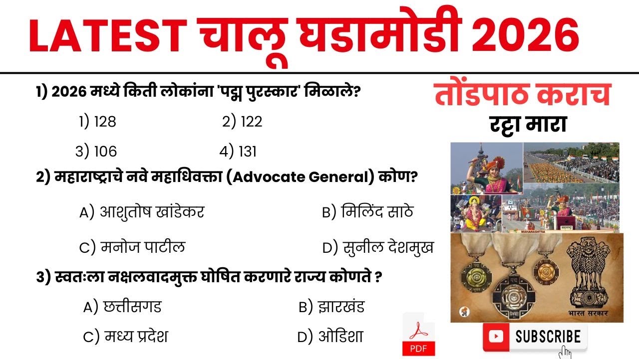 चालू घडामोडी २०२६ | स्पर्धा परीक्षेसाठी अत्यंत महत्त्वाचे प्रश्न | Current Affairs 2026 Marathi