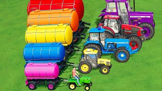 TRANSPORTING MINI & BIG TRACTORS & MILK TANKERS WITH FLATBED TRAILER! Farming Simulator 22