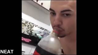 Man’s face deformed while blowing on bottle