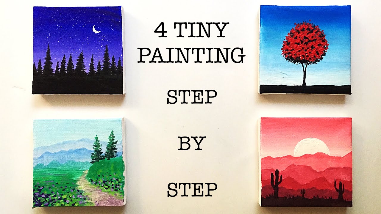 4 Paintings for Beginners | Easy to Follow | Step by Step on 4 Tiny  Canvases - YouTube
