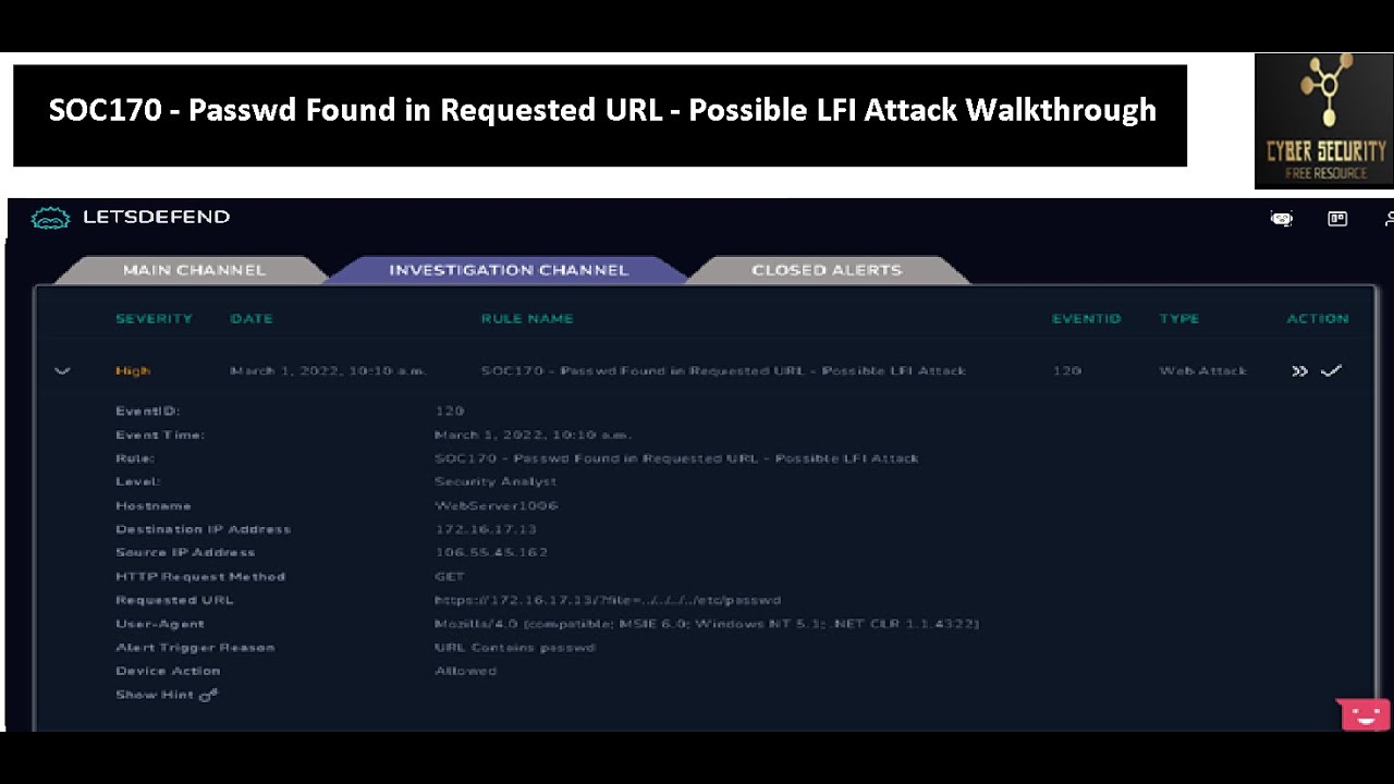 Letsdefend.io SOC170   Passwd Found in Requested URL   Possible LFI Attack (Web attack case)