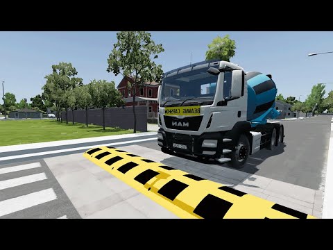 Double Flatbed Trailer Truck vs Speedbumps Train vs Cars Beamng Drive