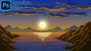 Draw in Photoshop a beautiful sunset landscape behind the mountains and the sea