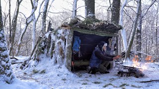 Solo Night in Cozy Bushcraft Shelter amid Heavy Snowfall