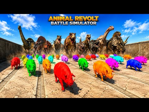 50 Neon Pigs vs Hungry Dinosaurs | Animal Revolt Battle Simulator