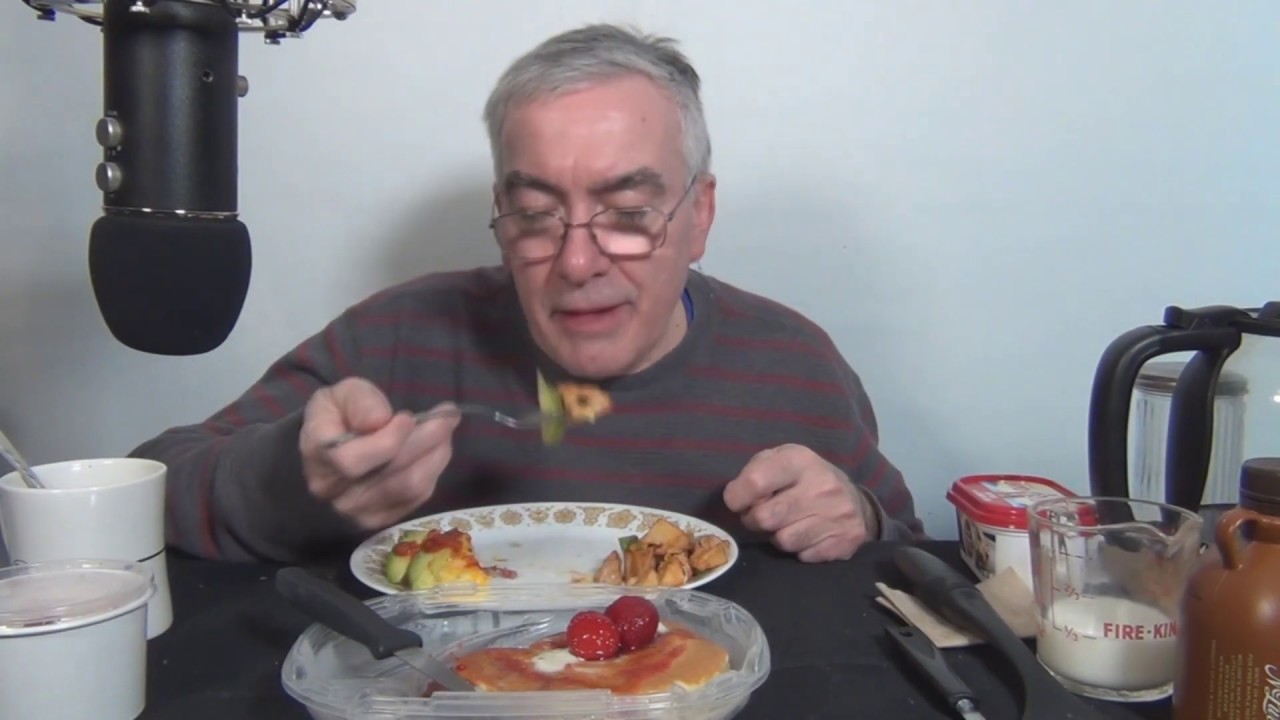 ASMR Eating IHOP Southwest Scramble with Pancakes Breakfast