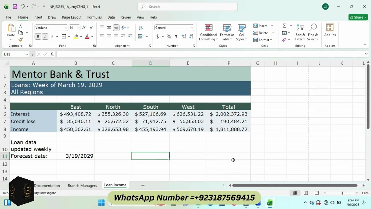 New Perspectives Excel 365 | Module 1: SAM Project A Mentor Bank & Trust