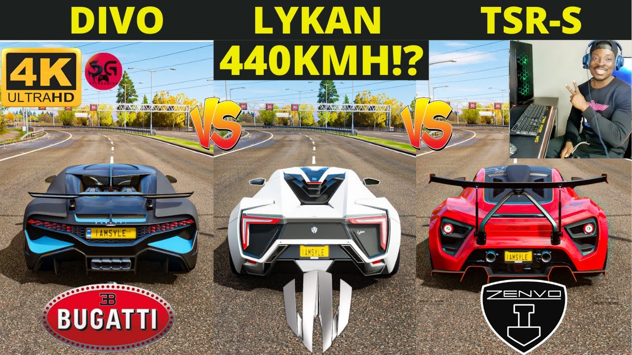 Forza Horizon 4 Bugatti Divo vs Lykan HyperSport vs Zenvo TSR-S | 4K 60fps