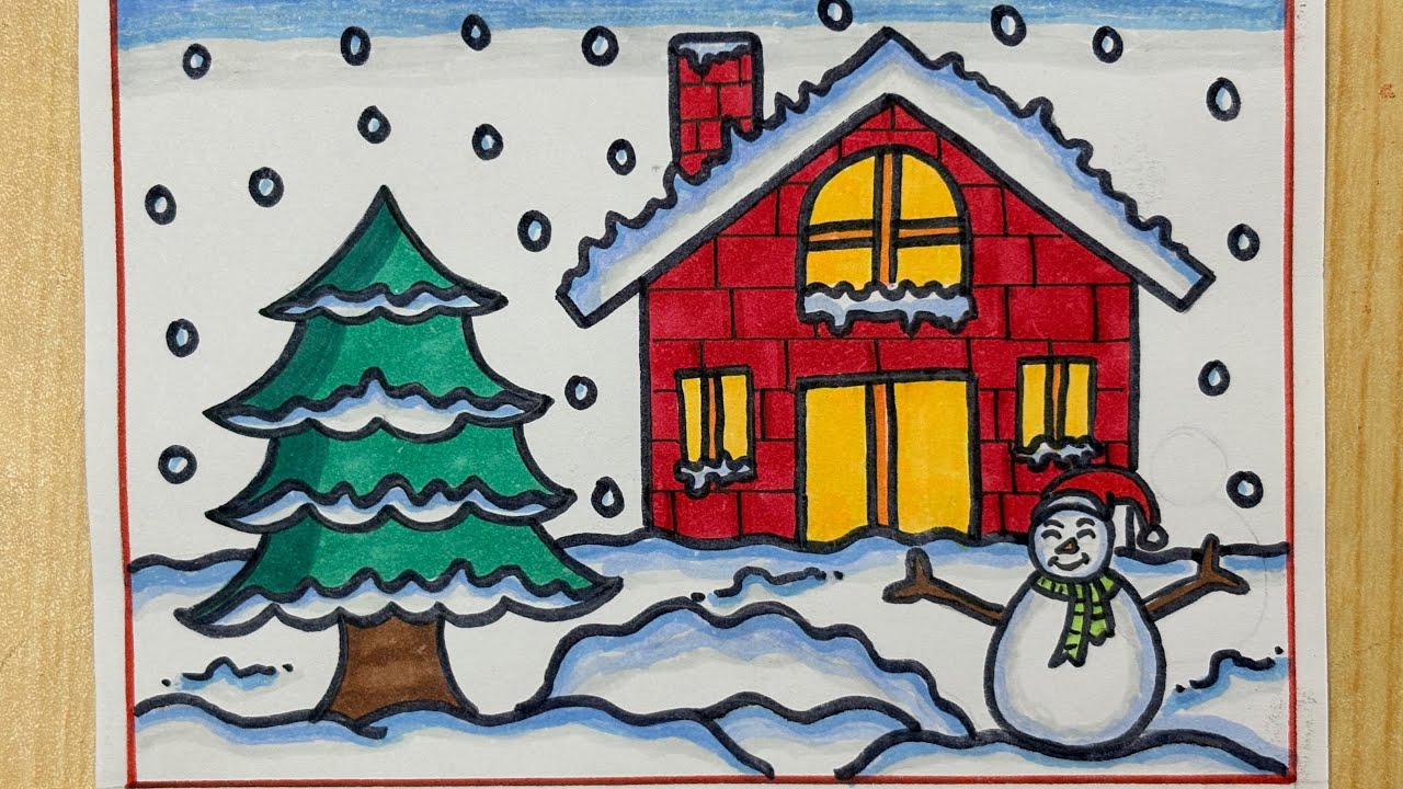 Winter season drawing easy| How to draw winter season scenery drawing| winter scenery drawing easy 