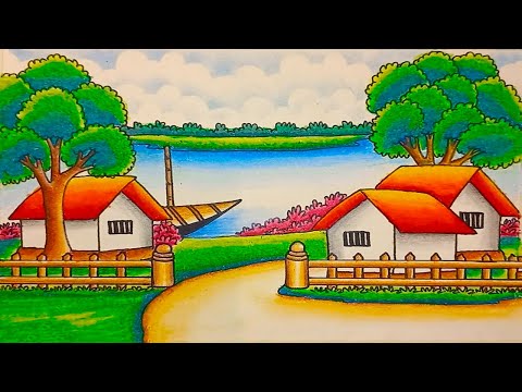 Easy Village scenery at morning with figure & animal_Drawing for Kids - ...  | Village scene drawing, Animal drawings, Art drawings for kids
