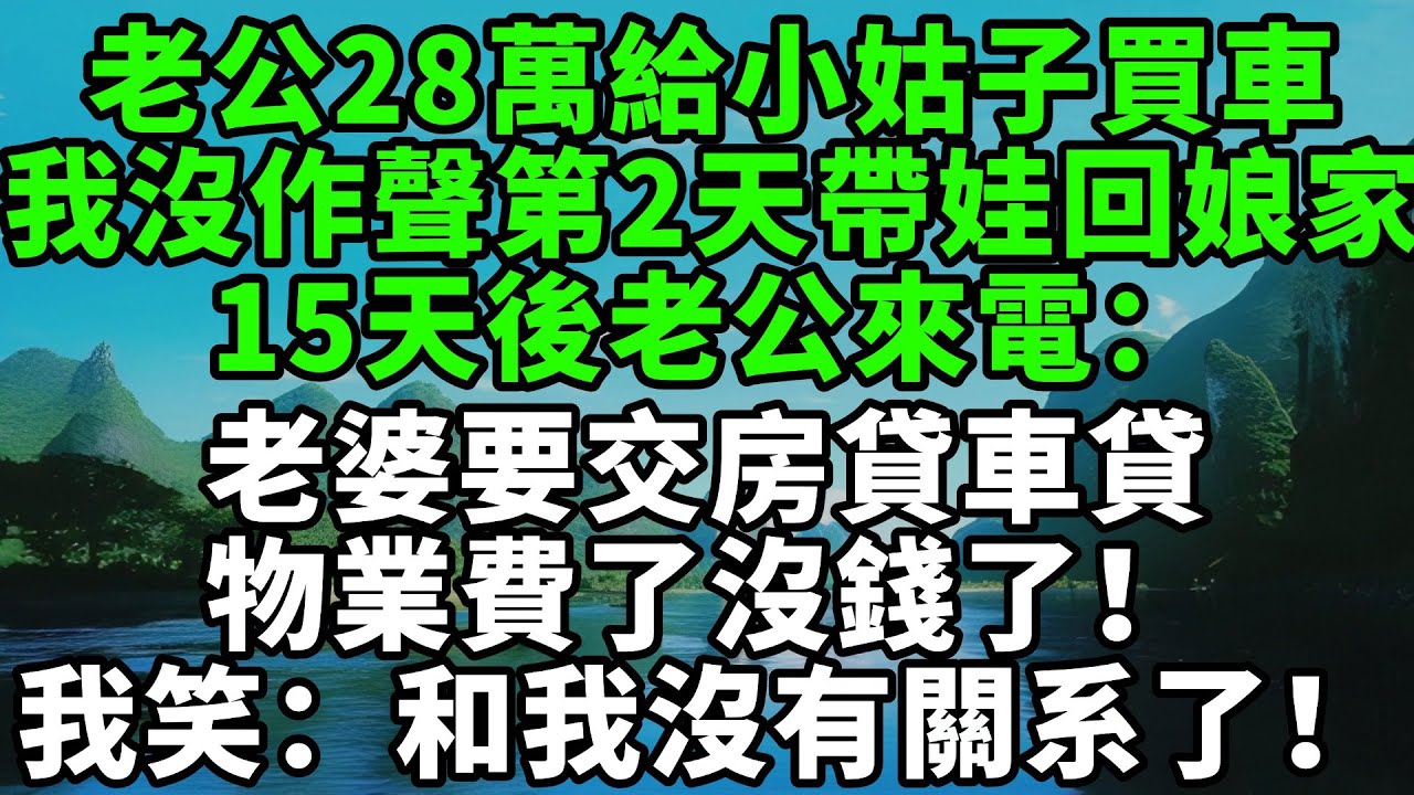 老公轉28萬給小姑子買車，我沒作聲。第2天帶娃回了娘家，15天後老公來電：老婆，要交房貸車貸物業費了，沒錢了！我笑：和我沒有關系了！【風鈴故事集】#完結故事#情感故事#爽文#婆媳關系#家庭生活#故事