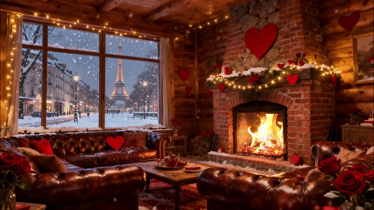 Snowfall Beyond the Blush Window  Warm Hearth Ambience for Deep Relaxation