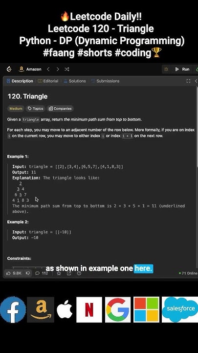 🔥Leetcode Daily!! Leetcode 120 - Triangle - Python - (DP)Dynamic ...