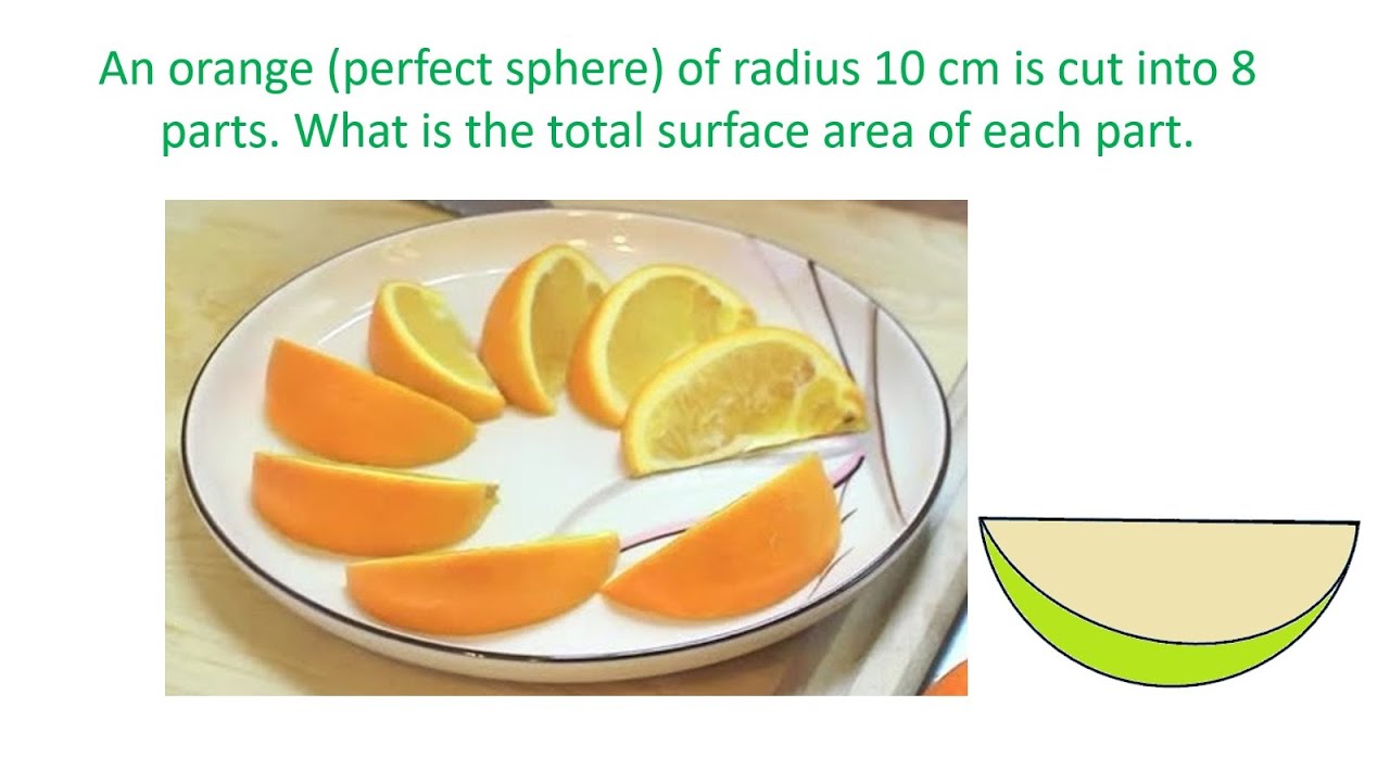 An orange of radius 10 cm is cut into 8 parts. Find the total surface area of each part.