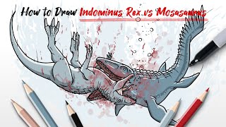 How to Draw Indominus Rex vs Mosasaurus fighting dinosaurs Jurassic World Final Battle Easy