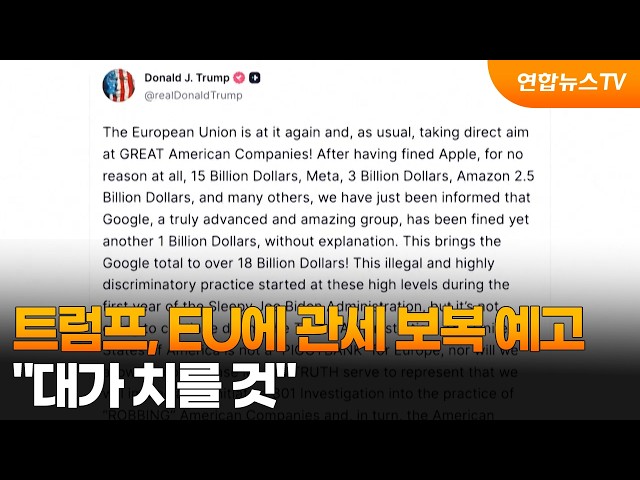 트럼프, EU에 관세 보복 예고…“대가 치를 것” / 연합뉴스TV (YonhapnewsTV)