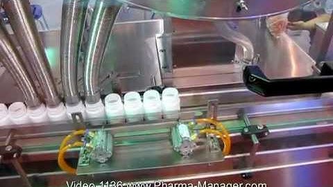 Machine for dosed counting and packaging tablets into jars. Video 1136 www.Pharma-Manager.com
