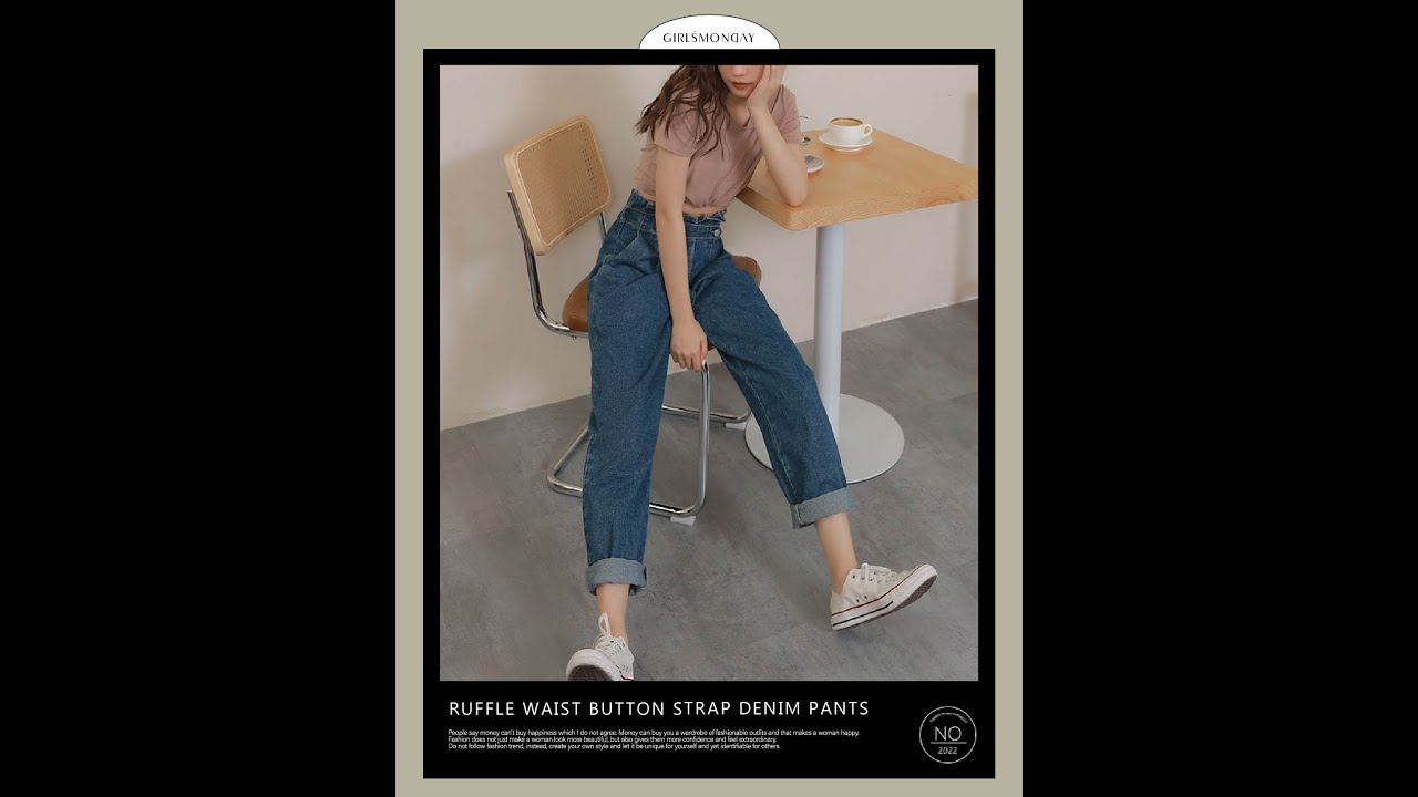 RUFFLE WAIST BUTTON STRAP DENIM PANTS