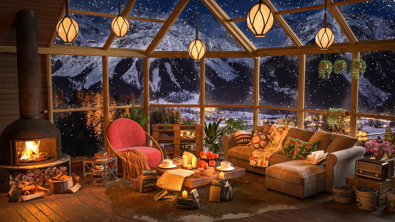 Winter Cozy Balcony Space with SnowFalling, Fireplace & Jazz Music from