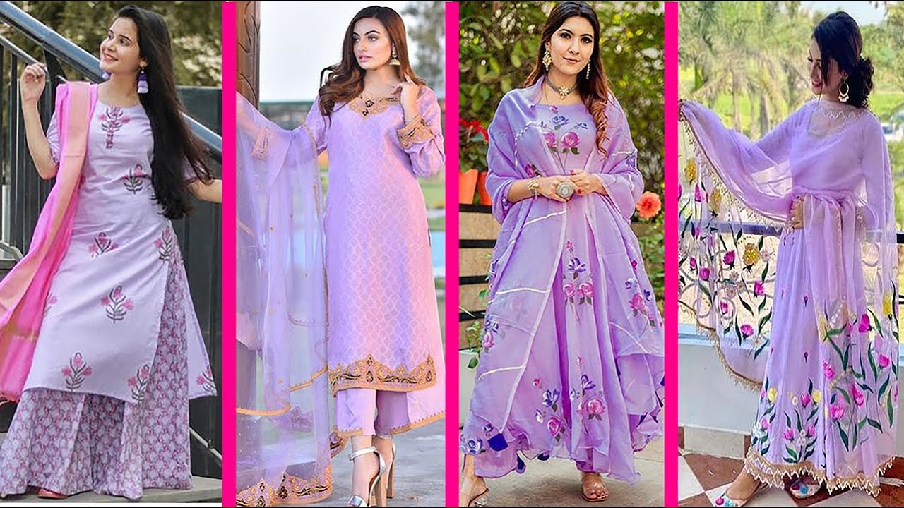 Buy Lavender Printed Cotton A-Line Kurta With Dupatta Online at Rs.1379 |  Libas