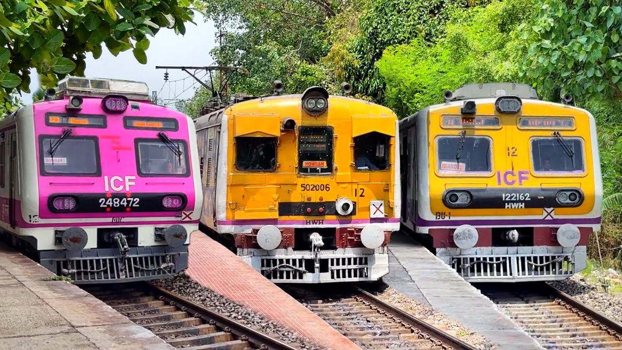 Different model Old vs Brand new EMU local trains crossing action spotting at Mankundu.