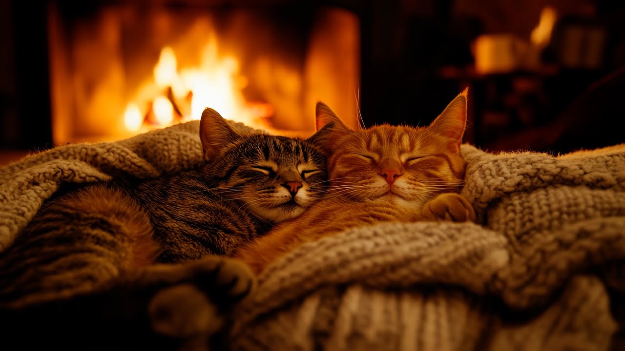 😺 Два кота у камина 🧣 Нежное мурлыканье и потрескивание огня для релаксации