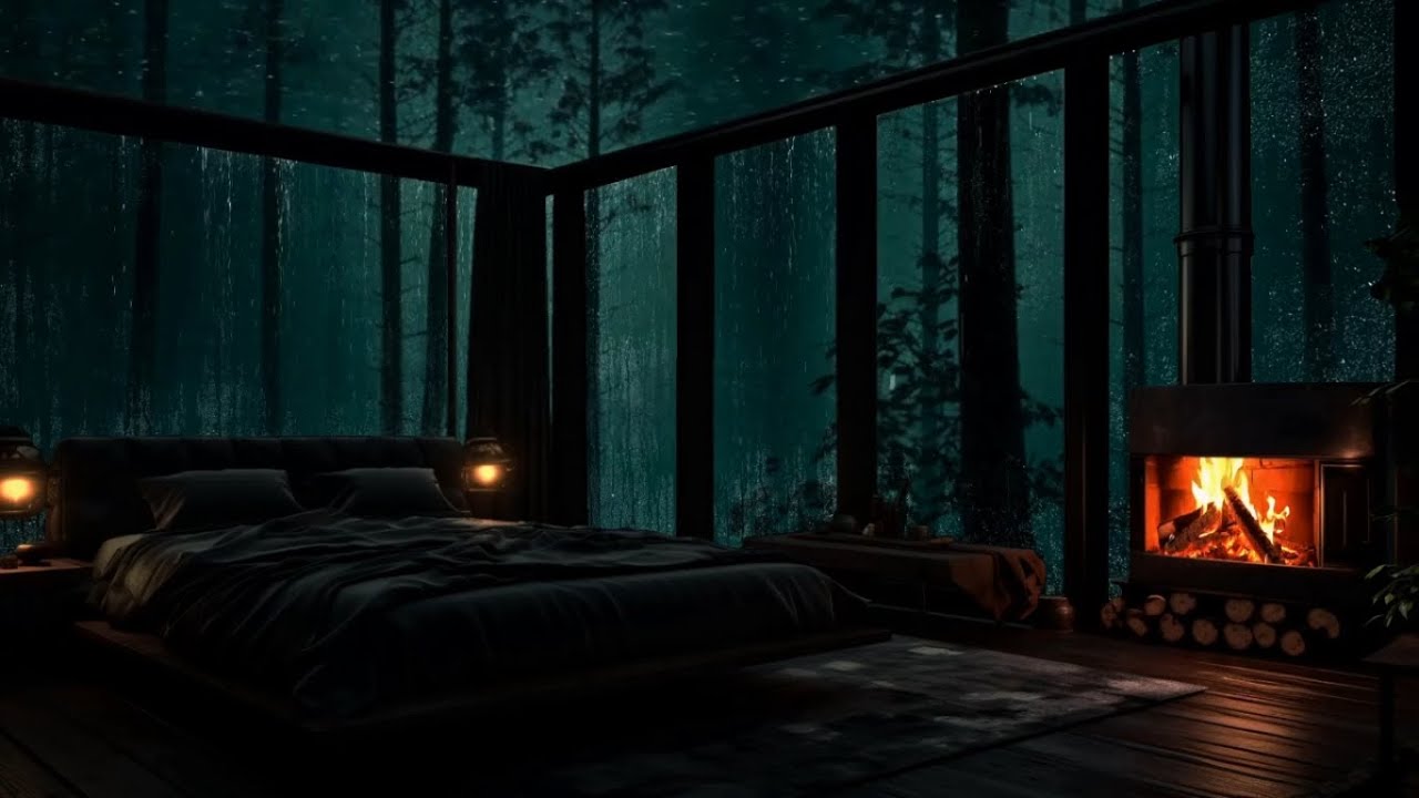 Night Rain & Fireplace in a Cozy Mountain Cabin 🌧️🔥 Heavy Rain, Distant ...