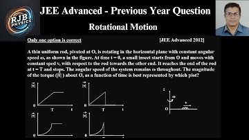 A thin uniform rod, pivoted at O, is rotating in the horizontal plane with constant angular speed ω