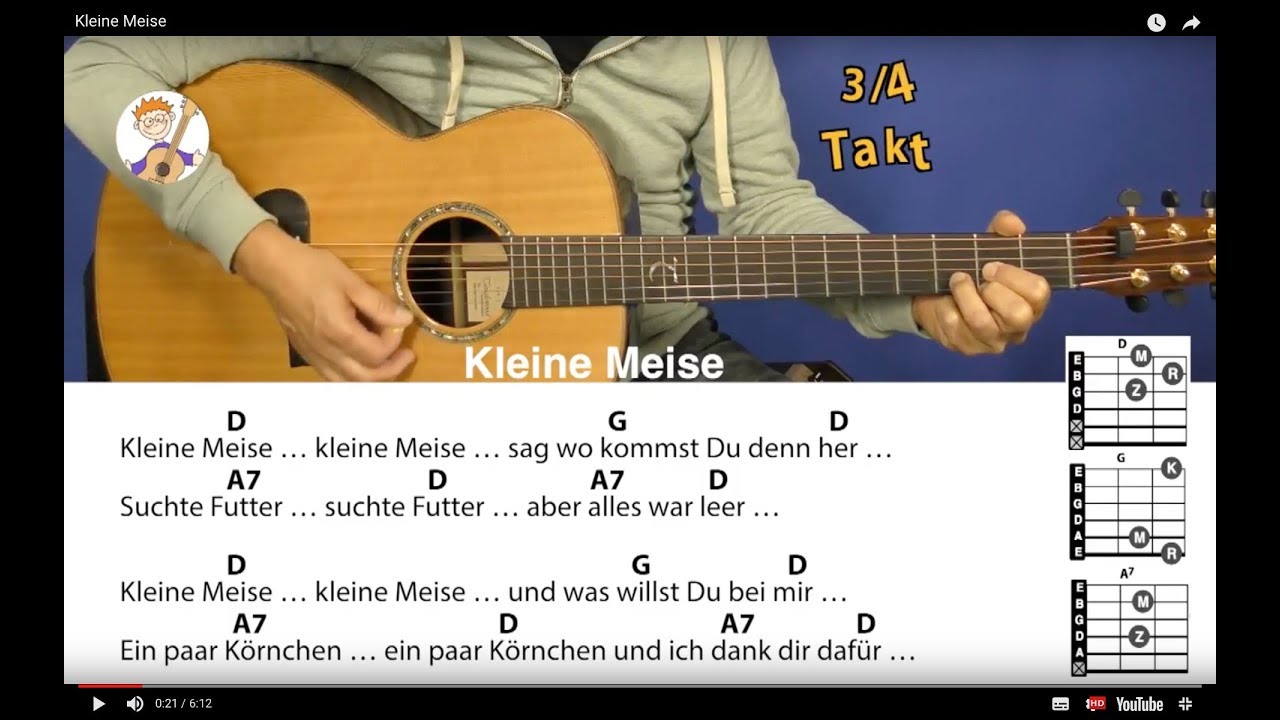 Kleine Meise, Kinderlied mit 3 Akkorden und Text für Gitarre Chords