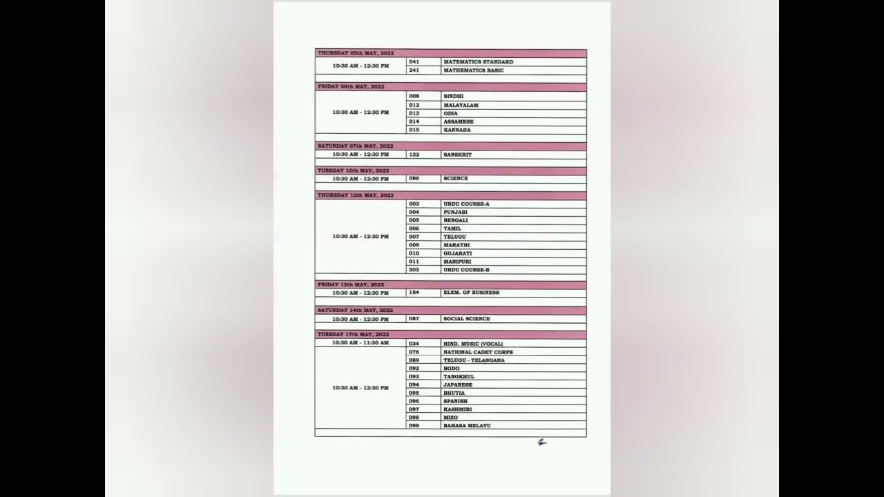 CBSE Class X, Time table (Term-2),2021-22