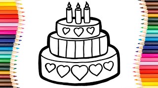 Cute Birthday Cake Drawing and Coloring for Kids and Toddlers