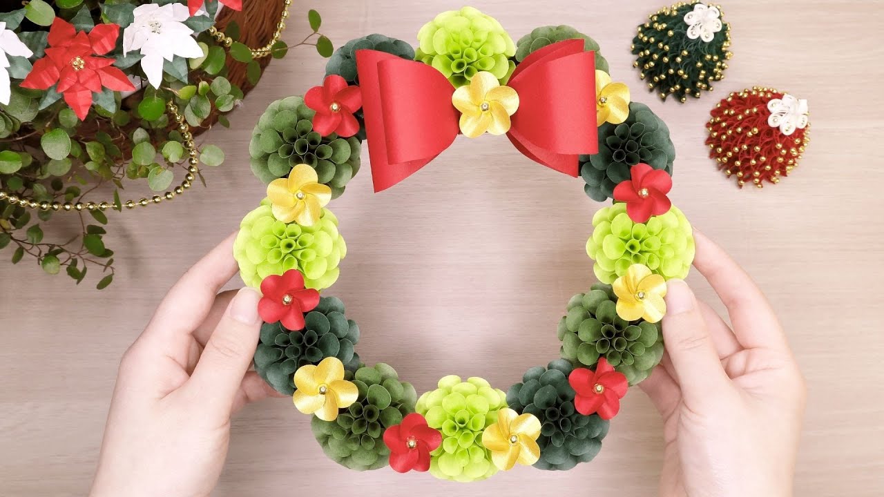 クリスマス飾り 紙で作るクリスマスリースの作り方 立体ペーパーフラワーリース How To Make Paper Christmas Wreath Xmas Decor Ayawang Paper Ayawang Paper 折り紙モンスター