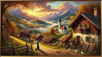 Vintage Alpine Village Landscape Painting | Gold Frame TV Art | Art Screensaver for TV 12 Hours