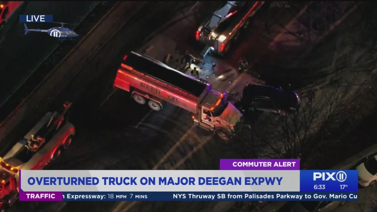 Overturned truck on Major Deegan causes heavy traffic delays - YouTube