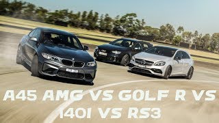 Mercedes A45 AMG vs BMW M140i vs Audi RS3 vs Volkswagen Golf R