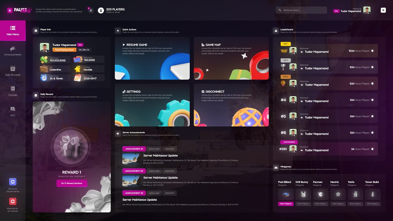 Advanced Pause Menu V3 — Daily Rewards, Announcements, Minigames - YouTube