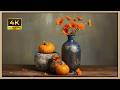 Warm Orange Dahlias &amp; Pumpkins | Gold Framed 4K Art Screensaver | Cozy Fall Still Life TV Wallpaper