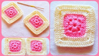 كروشي وحدة مربعة وسطها وردة بغرزة الباف  رائعة و سهلة جدا للمبتدئات /   how to crochet a easy square