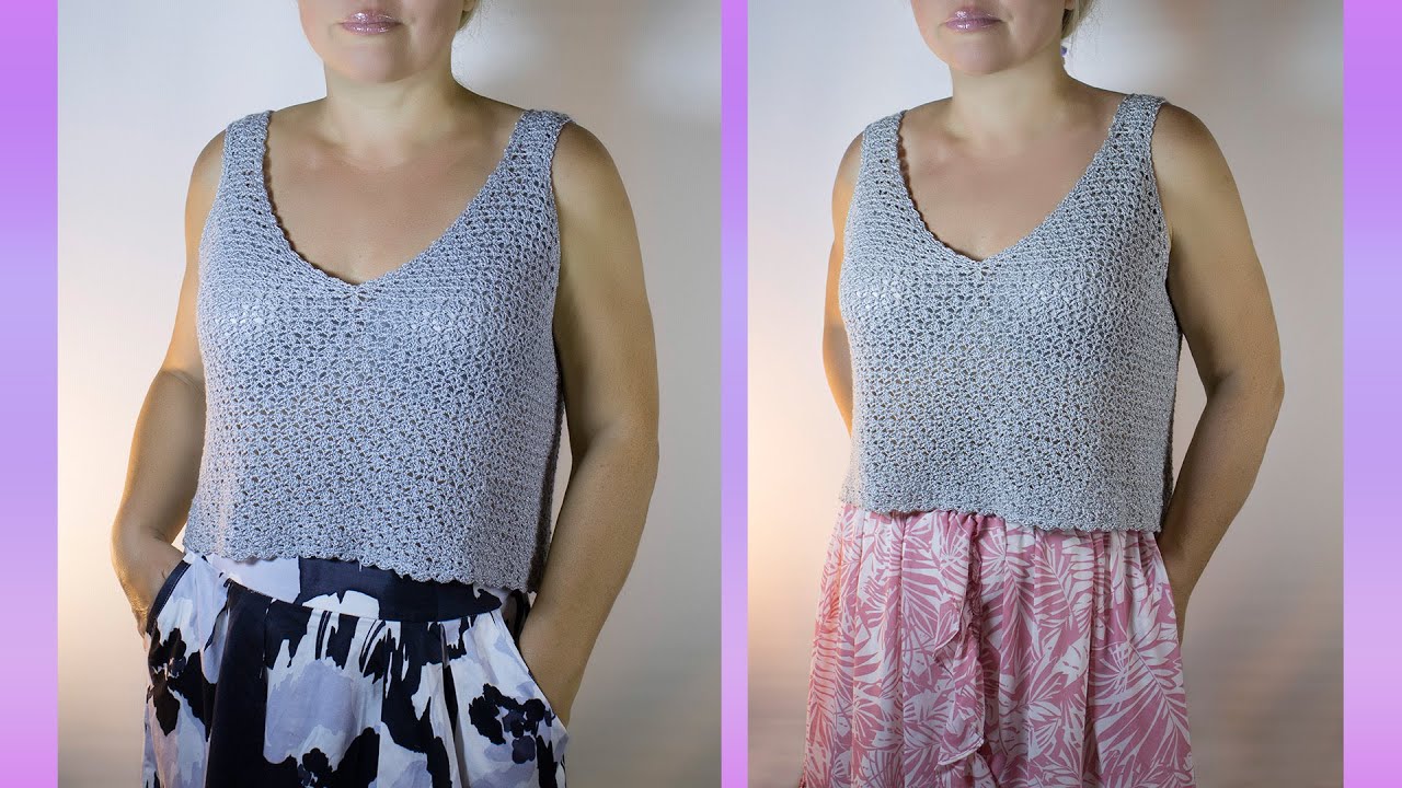 How to crochet a summer Lace V-neck Top Elle tutorial, only 2 Seams! Easy Beginner Top pattern