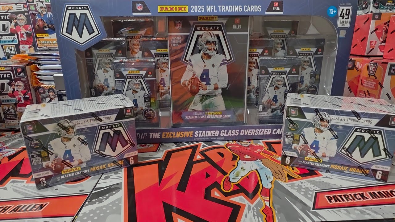 MOSAIC FOOTBALL EXCLUSIVE STAINED GLASS OVERSIZED CARD AND BLASTERS. 2025
