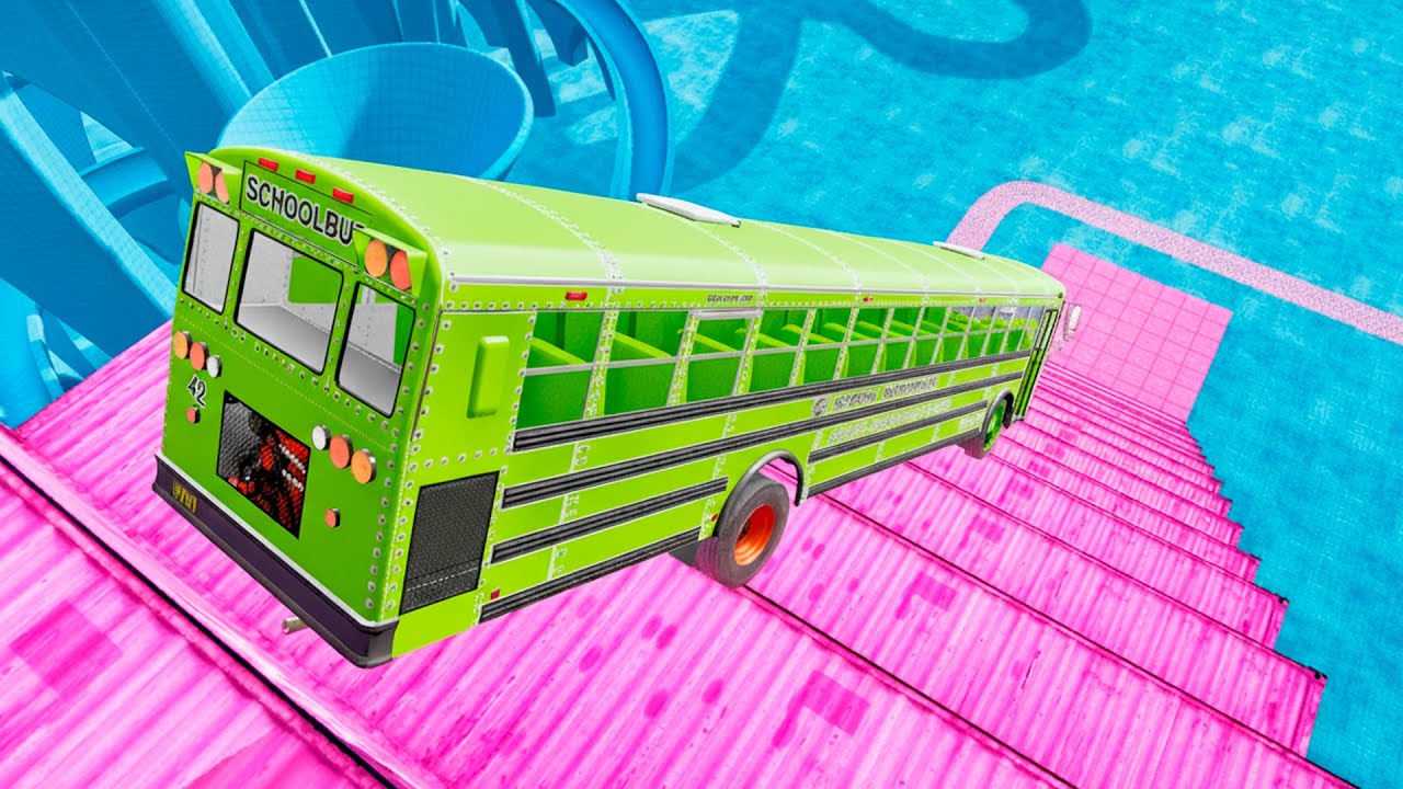 BeamNG Drive – School Bus Extreme Stairs Jumps Down | USA Bus Crash Test Simulation
