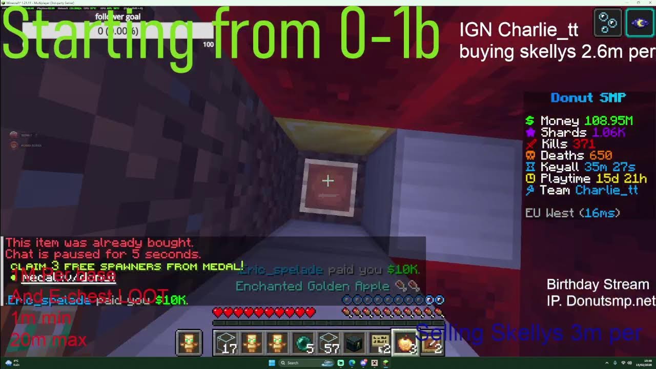 Donut Smp Live rating bases 1m per and e chest loot 1m min max 20m loot drop at 10 viewers